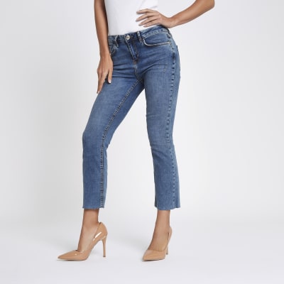 Blue denim cropped flared jeans