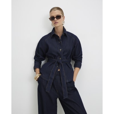 Blue Denim Cropped Trench Jacket