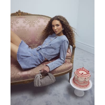 Blue Denim Diamante Bow Button Skort