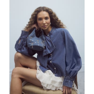 Blue Denim Diamante Bow Grab Bag