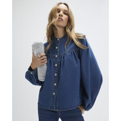 Blue Denim Diamante Button Long Sleeve Shirt