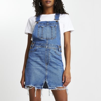 Blue denim dungaree mini dress | River Island