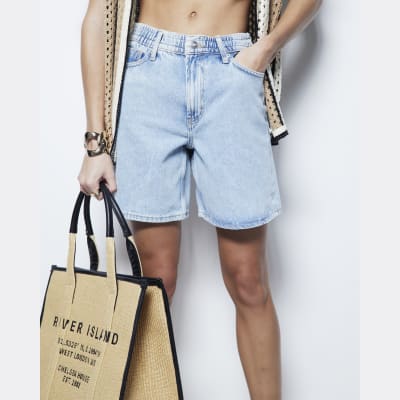 Blue Denim Elastic Waist Shorts