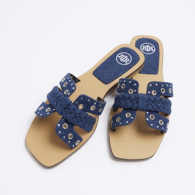 Blue denim eyelets flat sandals River Island