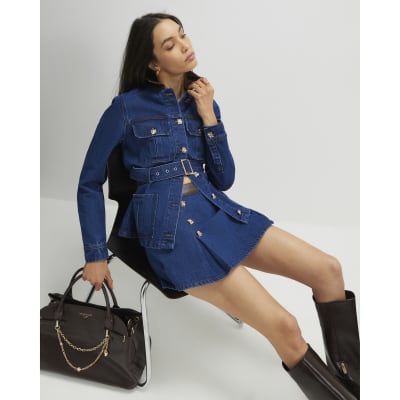 Blue Denim Faux Leather Pleated Mini Skort