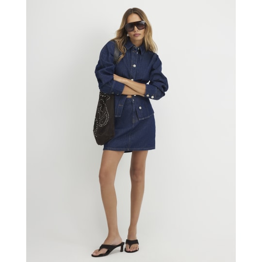 River Island Blue Denim Fitted Barrel Sleeve Jacket