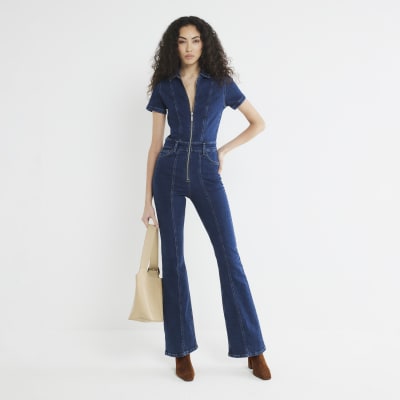 Blue Denim Flare Leg Jumpsuit