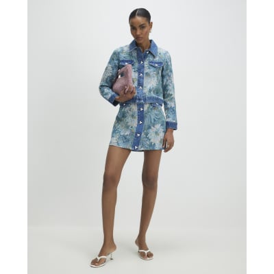 Blue Denim Floral Tapestry Mini Skirt