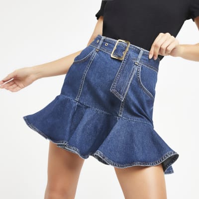 Blue denim frill mini skirt | River Island