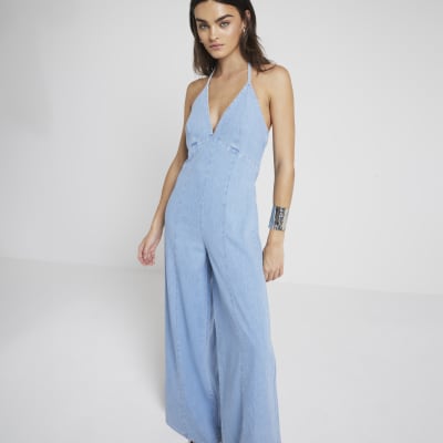 Blue denim halter neck wide leg jumpsuit