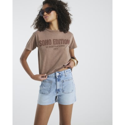 Blue Denim High Rise Front Pocket Shorts