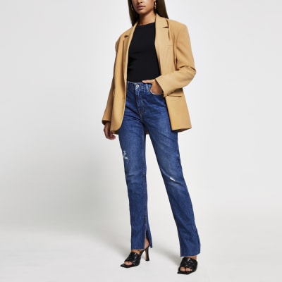 high rise split hem straight leg jean
