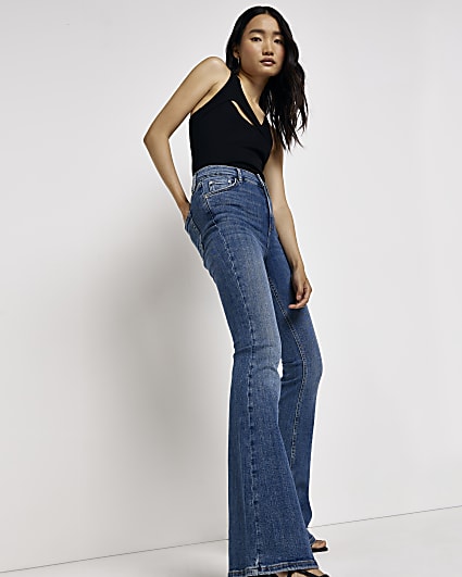 Blue denim high waist flare jeans