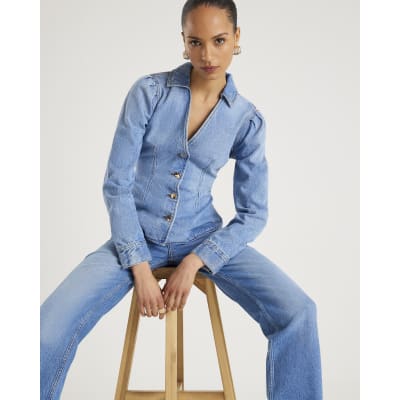 Blue Denim Long Puff Sleeve Jacket