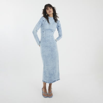 Blue Denim Long Sleeve Acid Wash Midi Dress