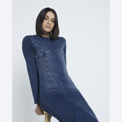 Blue Denim Long Sleeve Bodycon Dress River Island