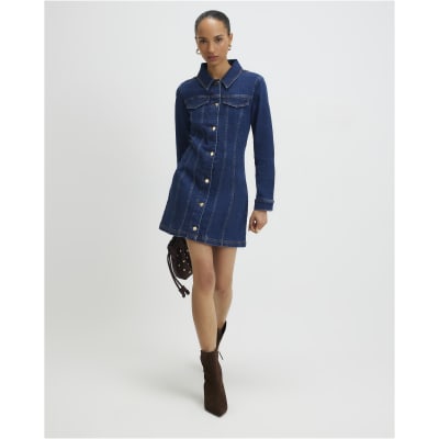 Blue Denim Long Sleeve Button Up Mini Dress