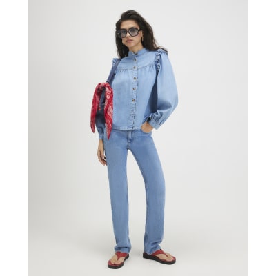 Denim Long Sleeve Ruffle Shirt