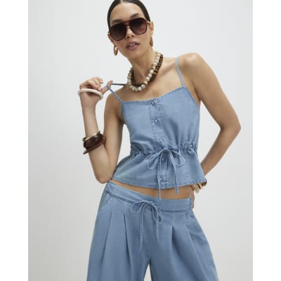 Blue Denim Look Drawstring Waist Cami Top