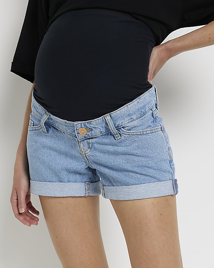 Blue denim maternity shorts