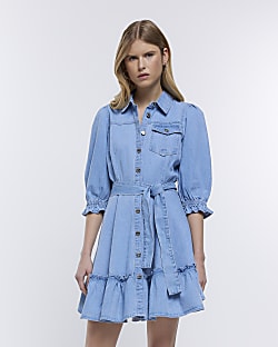 Blue denim mini shirt dress