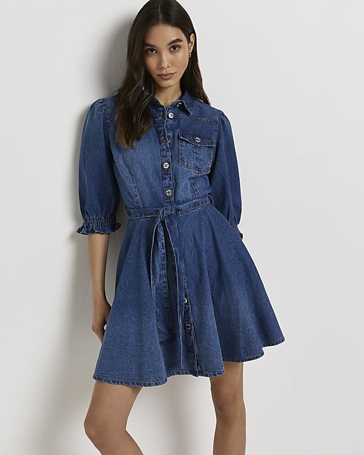 Blue denim mini shirt dress