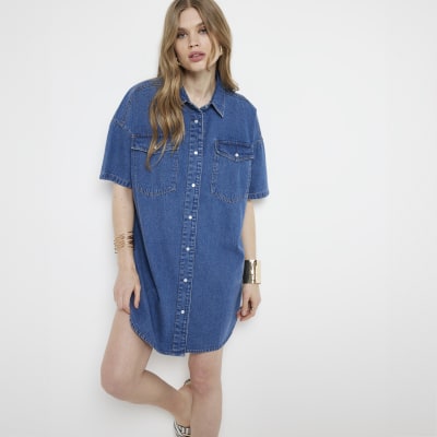 Blue denim mini shirt dress River Island