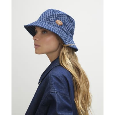 Blue Denim Monogram Bucket Hat | River Island display picture 3