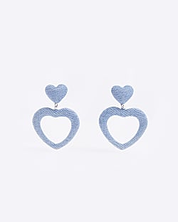 Blue denim open heart drop earrings