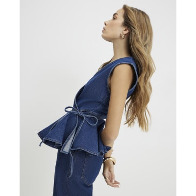 Blue Denim Peplum Wrap Top | River Island