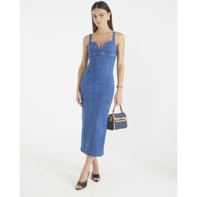 Blue Denim Plunge Neckline Bodycon Maxi Dress