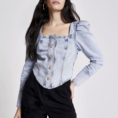 Blue denim puff sleeve button front top