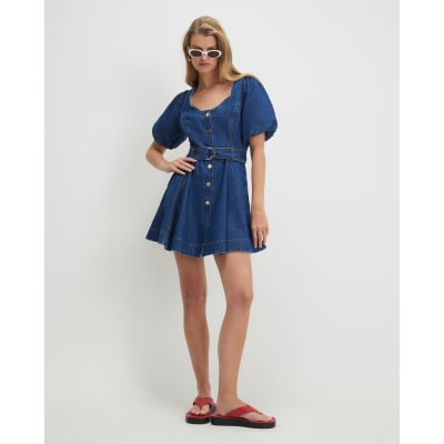 Blue Denim Puff Sleeve Mini Dress