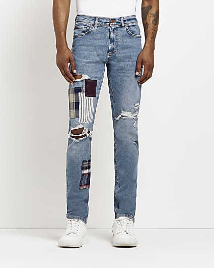 Blue denim Relaxed Skinny fit ripped jeans