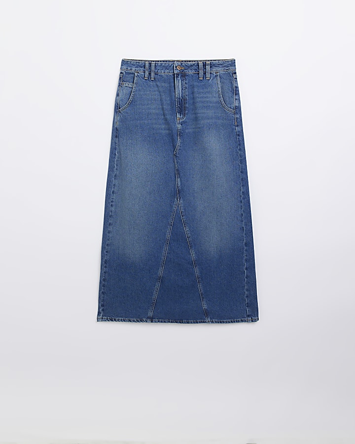 Blue denim seam detail maxi skirt
