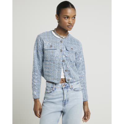 Blue denim sequin detail crop trophy jacket River Island