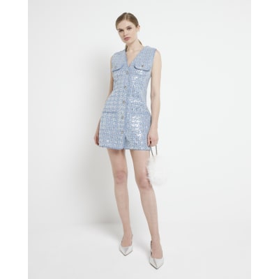 Blue denim sequin shift mini dress River Island