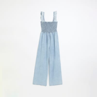 Blue denim shirred jumpsuit River Island