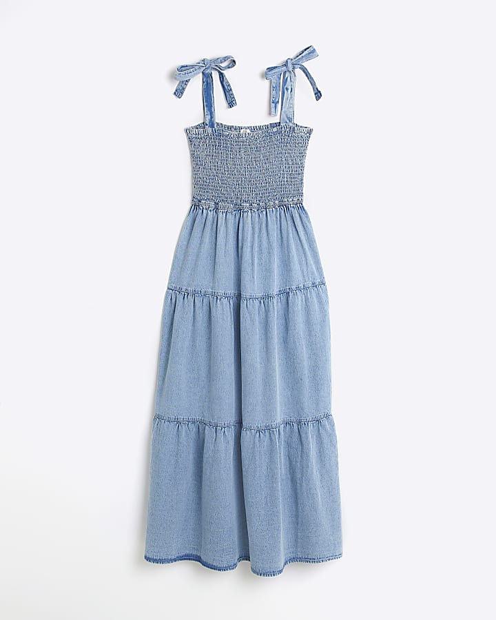 Blue denim shirred maxi dress