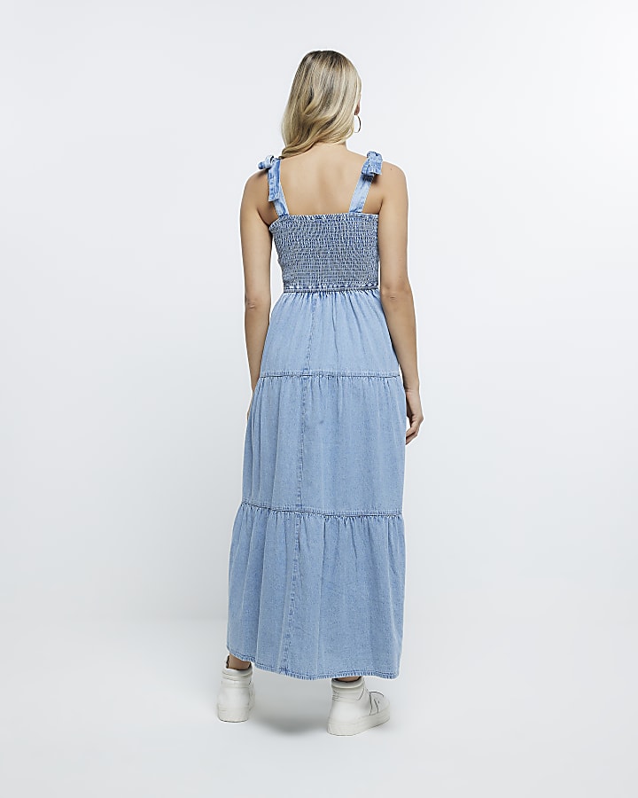 Blue denim shirred maxi dress