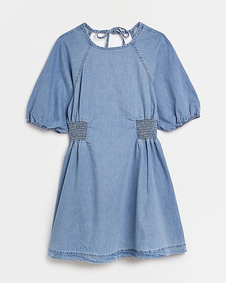 Blue denim shirred waist mini shift dress