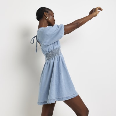 Blue Denim Shirred Waist Mini Shift Dress River Island