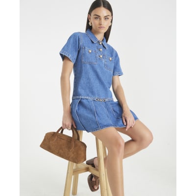 Blue Denim Short Sleeve Pleated Mini Dress