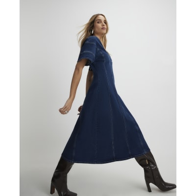 Blue Denim Short Sleeve Seamed Midi Dress