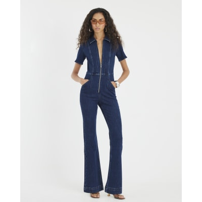 Blue Denim Short Sleeve Seamed Zip Jumpsuit