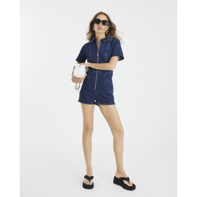 Blue Denim Short Sleeve Seamed Zip Playsuit