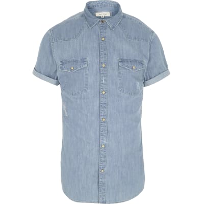 Blue denim short sleeve western shirt