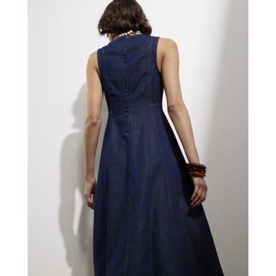knee length dresses for ladies Sawyer Un Balanced Denim Maxi Dress