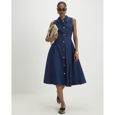 blue sleeveless shirt dress Frank & Eileen Daphne Navy, Washed Linen Navy L