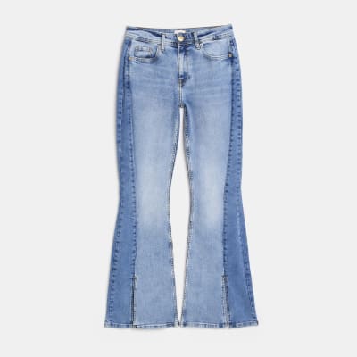 Blue denim split hem flare jeans River Island